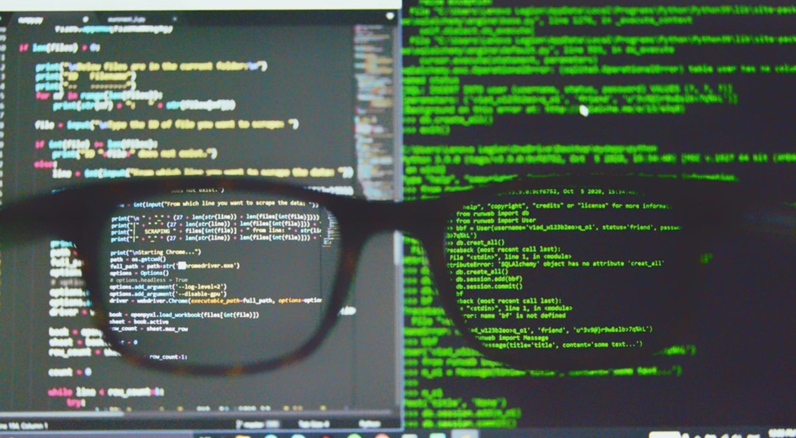 Code on screens seen through a pair of glasses