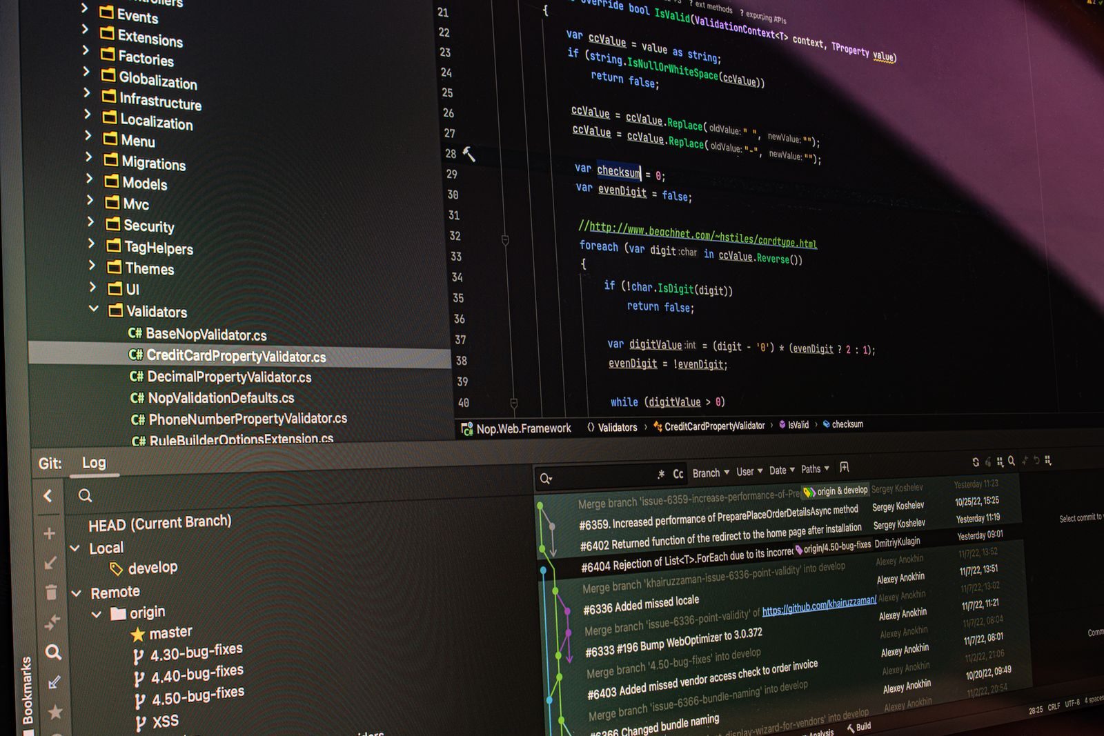 The git log of a build, a week of merges into develop